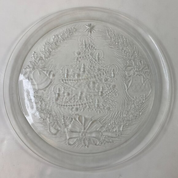 Vintage Clear Glass Christmas Tree Platter With Garlands Bows Bell Design - Picture 1 of 8